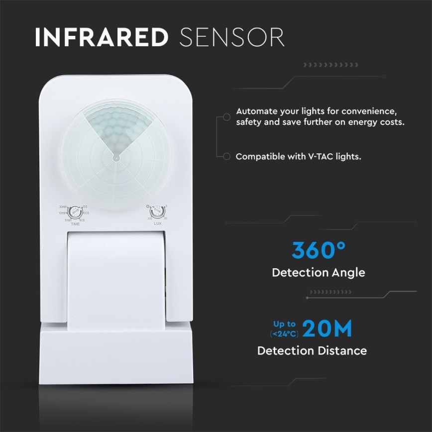 Infrasarkanais āra kustību sensors 360° 1000W/230V IP65 balta