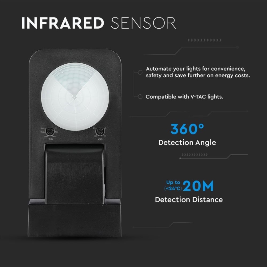 Infrasarkanais āra kustību sensors 360° 1000W/230V IP65 melna
