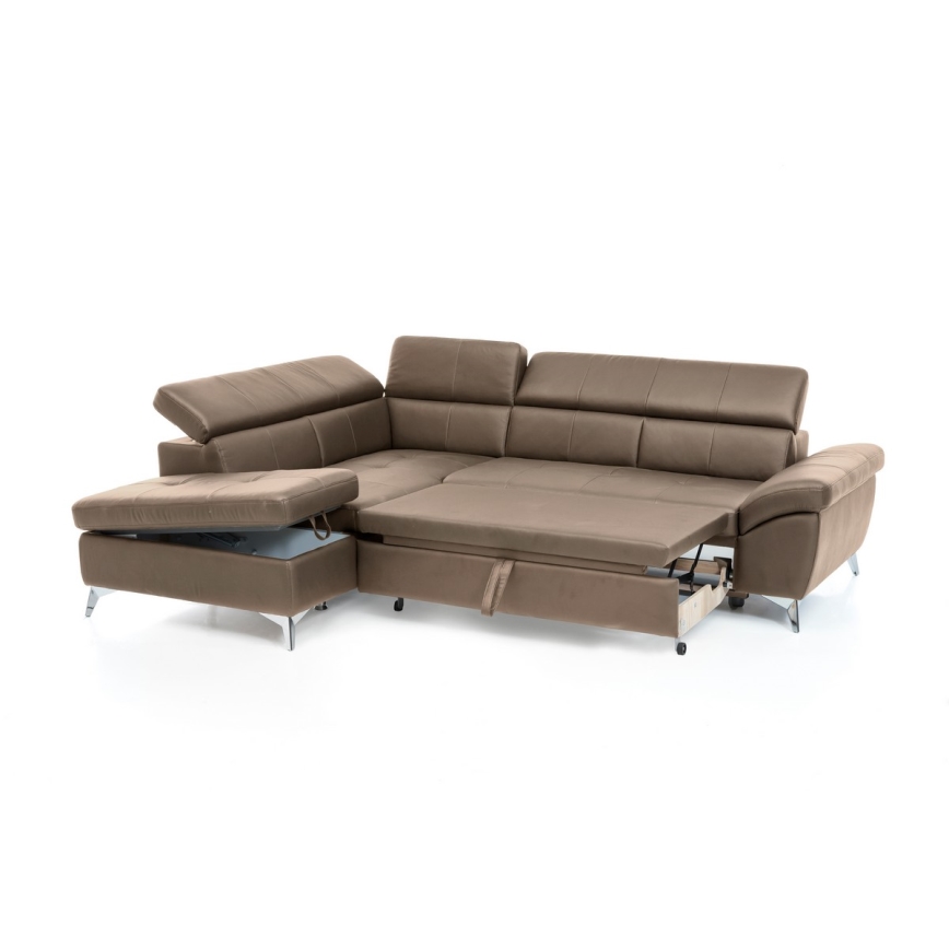 Izvelkamais stūra ādas dīvāns SALERNO II, kreisais, brūns