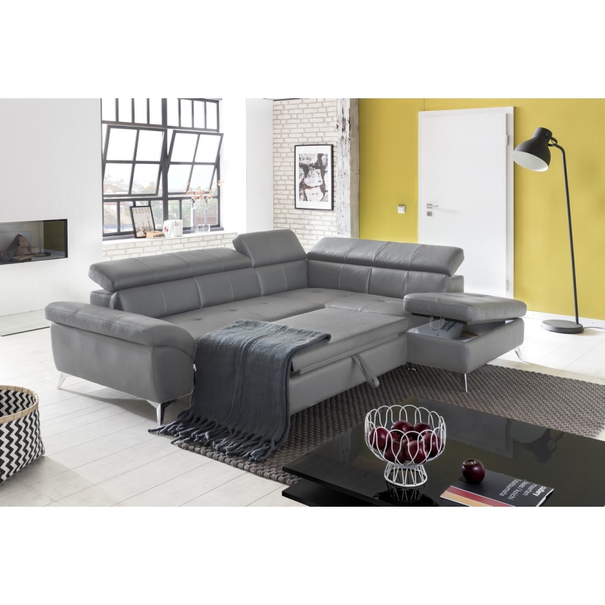Izvelkamais stūra ādas dīvāns SALERNO II, labais stūris, pelēks