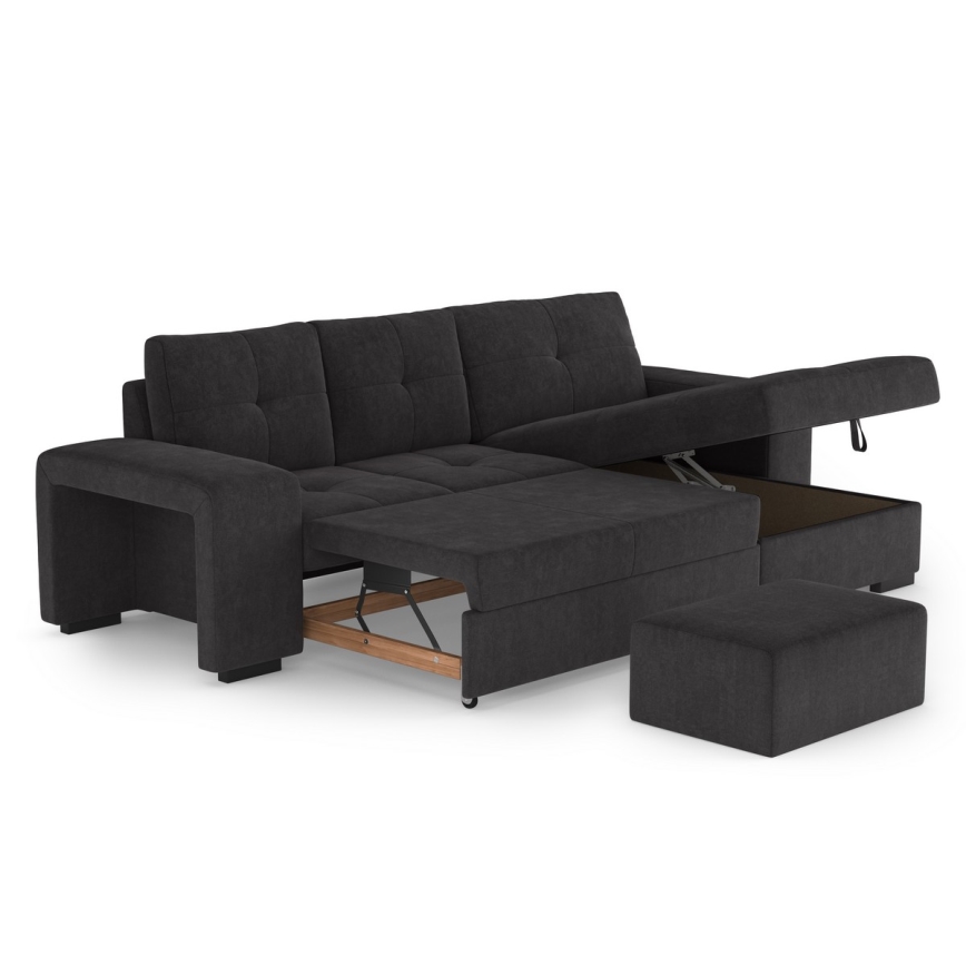 Izvelkamais dīvāns ar glabāšanas nodalījumu un pufu PALERMO, melns, labais