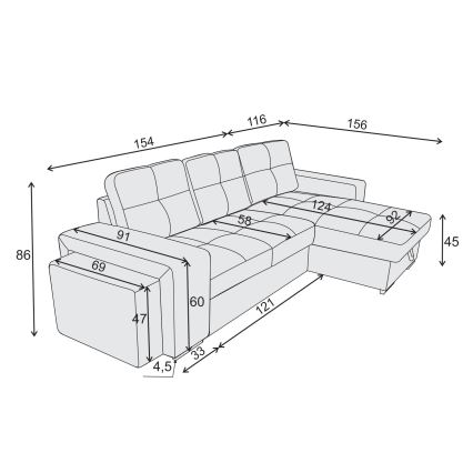 Izvelkamais dīvāns ar glabāšanas nodalījumu un pufu PALERMO, melns, labais