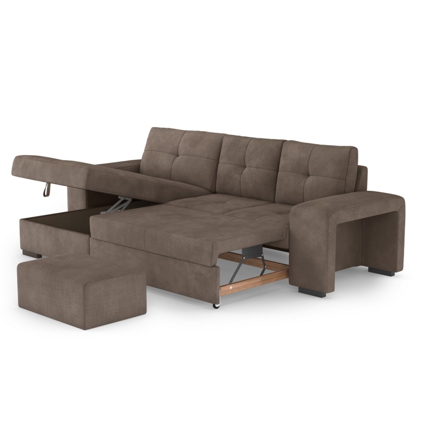 Izvelkamais dīvāns ar uzglabāšanas nodalījumu un pufu PALERMO, brūns, kreisais