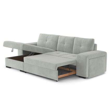 Izvelkamais dīvāns PALERMO ar uzglabāšanas nodalījumu un pufu, gaiši pelēks, kreisais