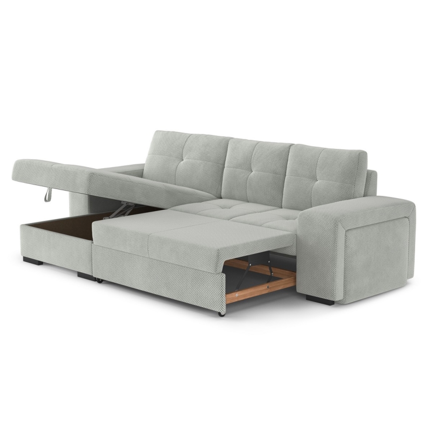 Izvelkamais dīvāns PALERMO ar uzglabāšanas nodalījumu un pufu, gaiši pelēks, kreisais