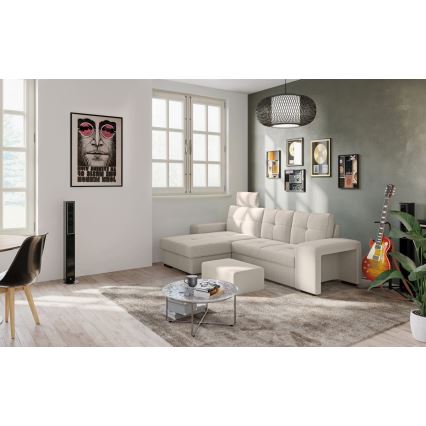 Izvelkamais dīvāns PALERMO ar uzglabāšanas nodalījumu un pufu, gaiši pelēks, kreisais