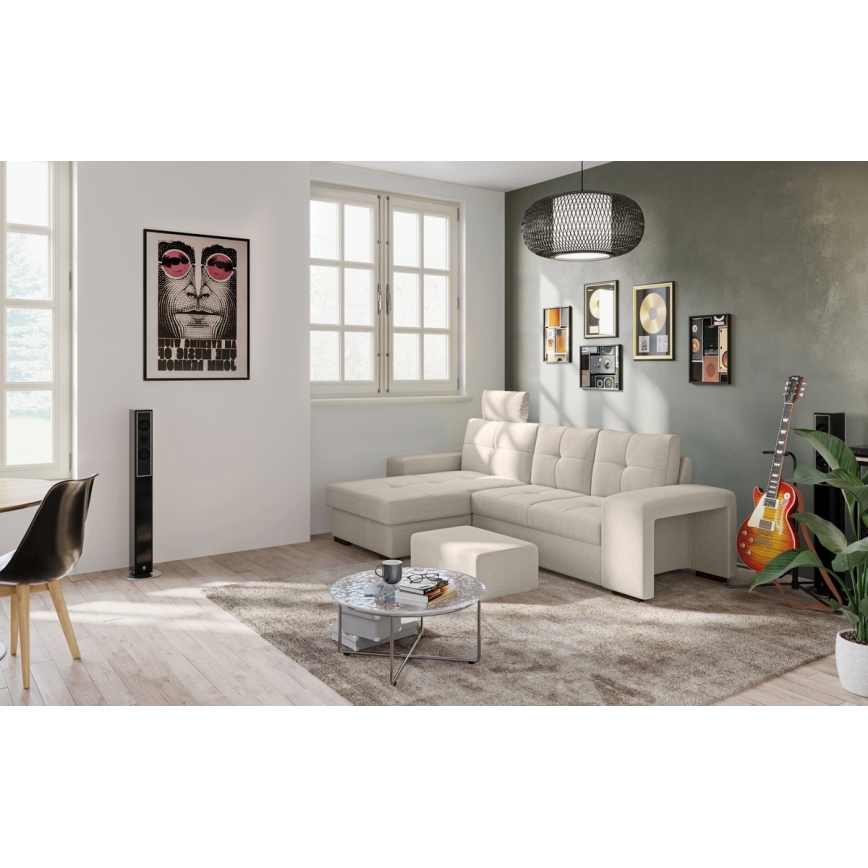 Izvelkamais dīvāns PALERMO ar uzglabāšanas nodalījumu un pufu, gaiši pelēks, kreisais