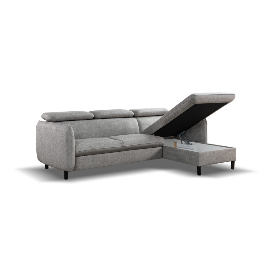 Izvelkamais L formas stūra dīvāns NISA ar uzglabāšanas nodalījumu, pelēks, labās puses izkārtojums