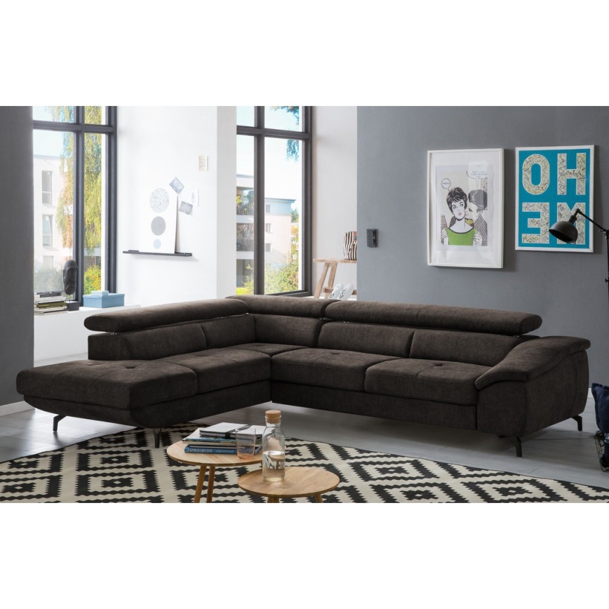 Izvelkamais stūra dīvāns ar uzglabāšanas nodalījumu L formā BRESCIA kreisais brūns