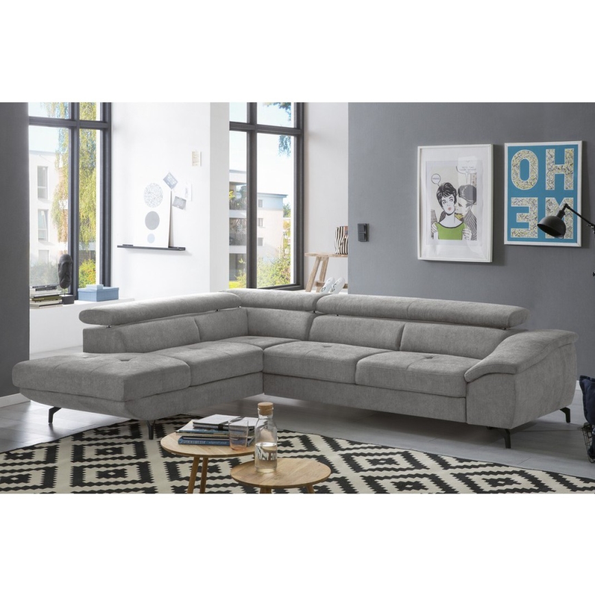 Izvelkamais stūra dīvāns ar uzglabāšanas nodalījumu L formā BRESCIA kreisais pelēks