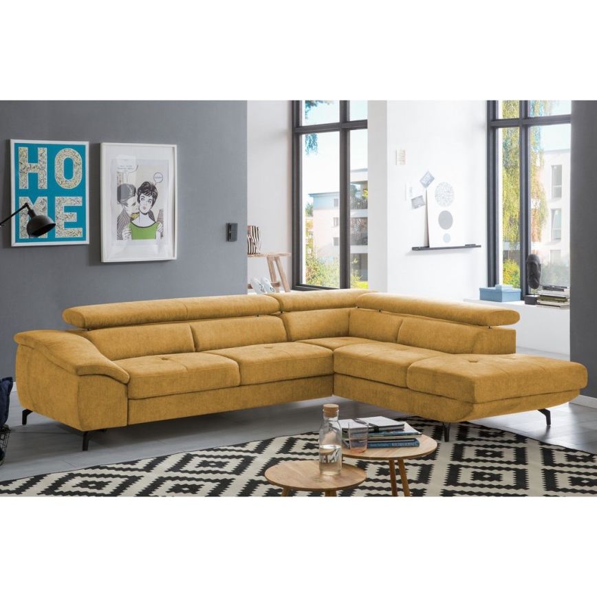 Izvelkamais stūra dīvāns ar uzglabāšanas nodalījumu L formā BRESCIA labais dzeltenais