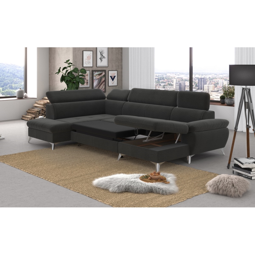 Izvelkamais stūra dīvāns ar uzglabāšanas nodalījumu U formā CATANIA kreisais grafīts