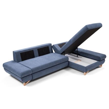 Izvelkama L veida tapecēta stūra dīvāngarnitūra AVESTA ar glabāšanas nodalījumu, labajā pusē, zila