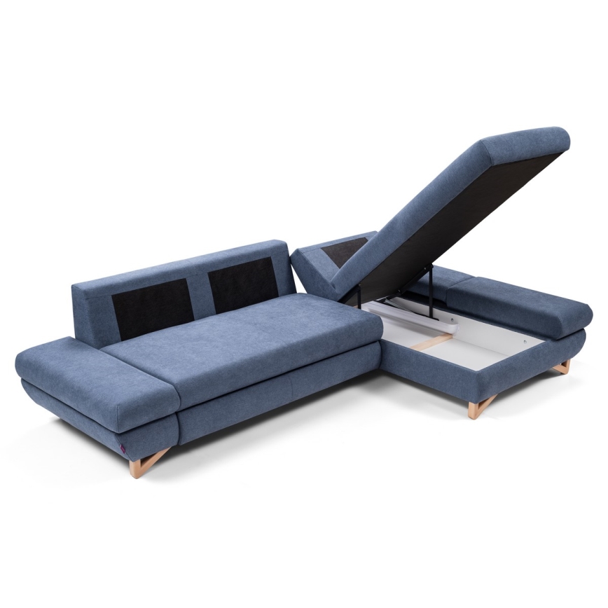 Izvelkama L veida tapecēta stūra dīvāngarnitūra AVESTA ar glabāšanas nodalījumu, labajā pusē, zila