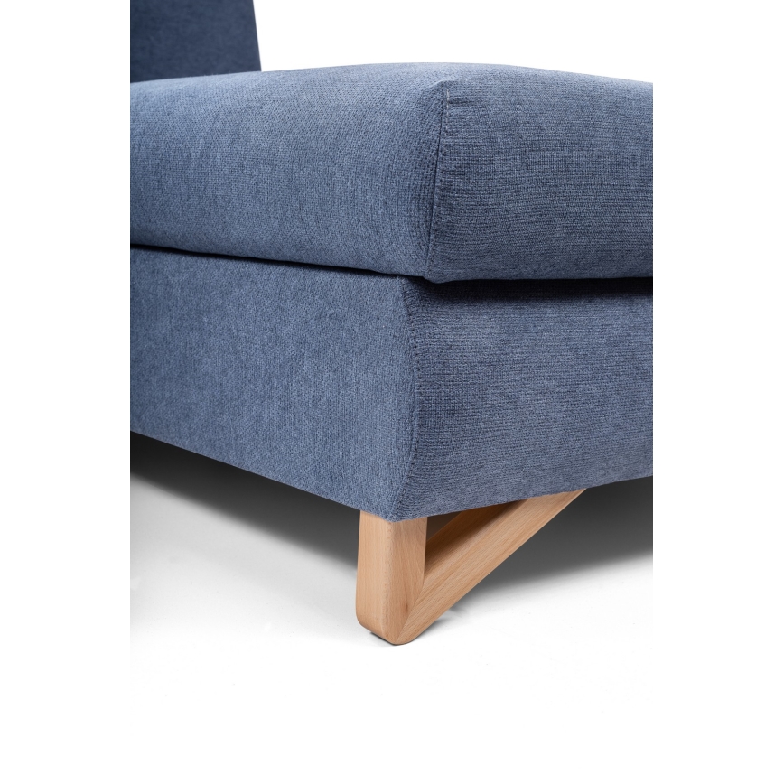 Izvelkama L veida tapecēta stūra dīvāngarnitūra AVESTA ar glabāšanas nodalījumu, labajā pusē, zila