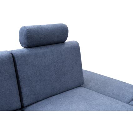 Izvelkama L veida tapecēta stūra dīvāngarnitūra AVESTA ar glabāšanas nodalījumu, labajā pusē, zila