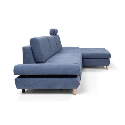 Izvelkama L veida tapecēta stūra dīvāngarnitūra AVESTA ar glabāšanas nodalījumu, labajā pusē, zila