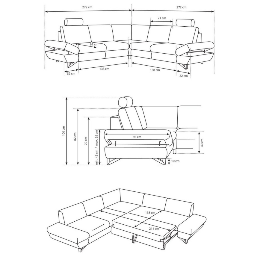 Izvelkams L-formas labās puses polsterēts stūra dīvāns AVESTA ar uzglabāšanas nodalījumu, pelēks