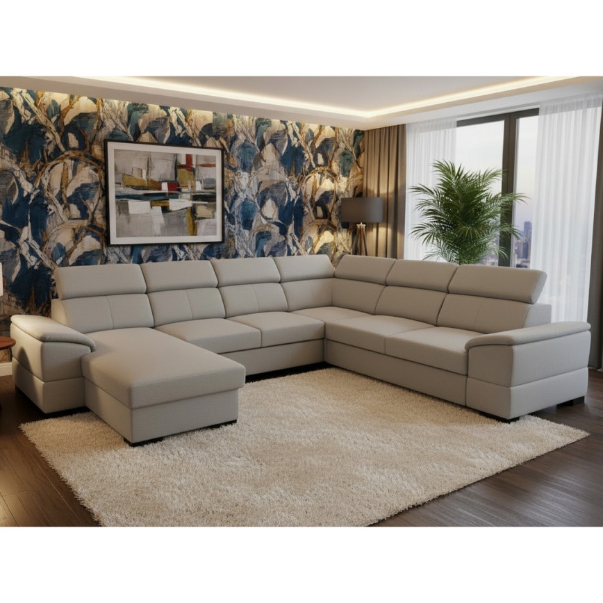 Izvelkamais U veida stūra dīvāns ar universālu stūri un glabāšanas nodalījumu GRANADA, gaiši pelēks