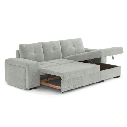 Izvelkams dīvāns PALERMO ar uzglabāšanas nodalījumu un tabureti, gaiši pelēks, labās puses