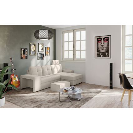 Izvelkams dīvāns PALERMO ar uzglabāšanas nodalījumu un tabureti, gaiši pelēks, labās puses