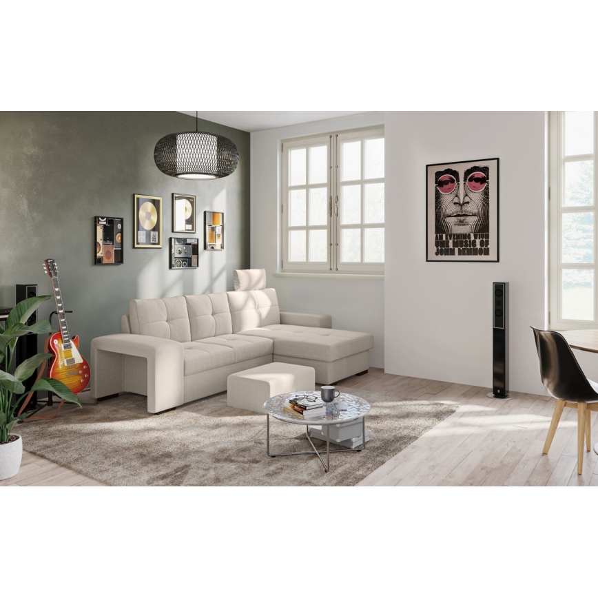 Izvelkams dīvāns PALERMO ar uzglabāšanas nodalījumu un tabureti, gaiši pelēks, labās puses