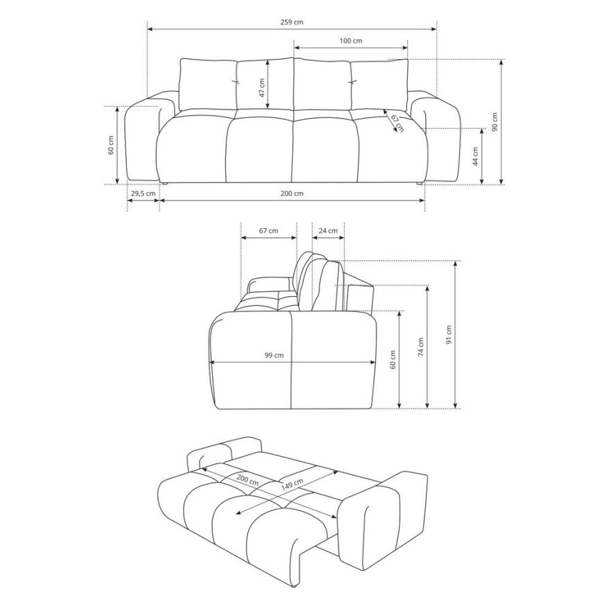 Izvelkams iestofēts trīsvietīgs dīvāns ALMADA ar uzglabāšanas nodalījumu, bēšs