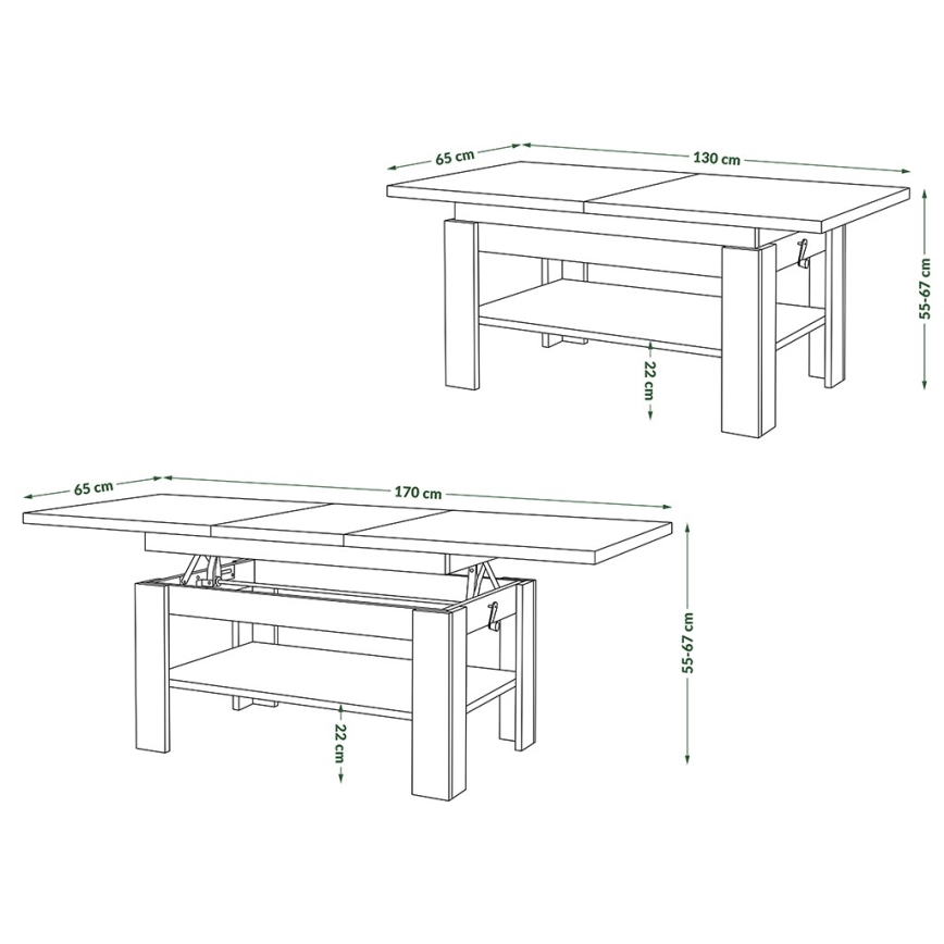 Izvelkams konferenču galds ar paceļamu virsmu ROY 130/170x65 cm Sonoma ozols/melns