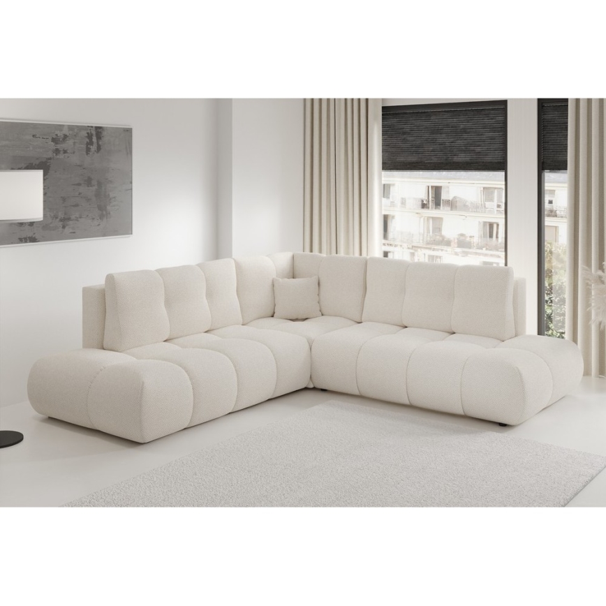 Izvelkams L formas polsterēts stūra dīvāns ALMADA ar uzglabāšanas nodalījumu, kreisais, bēšs