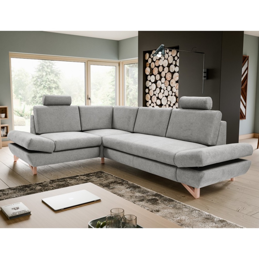 Izvelkams L formas tapisēts stūra dīvāns AVESTA ar uzglabāšanas nodalījumu, kreisais, pelēks