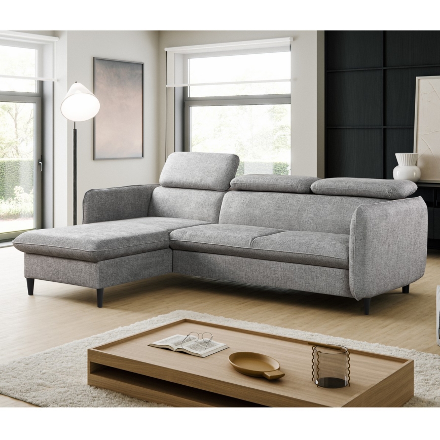 Izvelkams L veida stūra dīvāns ar uzglabāšanas nodalījumu NISA, pelēks, kreisais