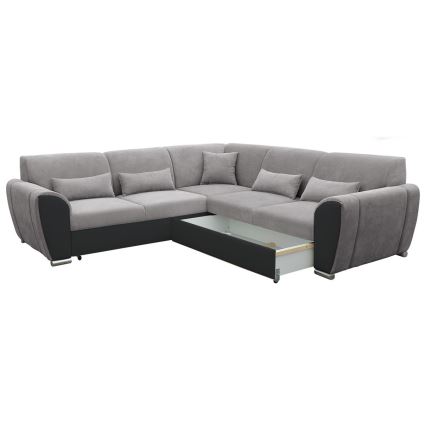 L-formas izvelkamais stūra dīvāns VISEU ar glabāšanas nodalījumu, labais, pelēks/melns