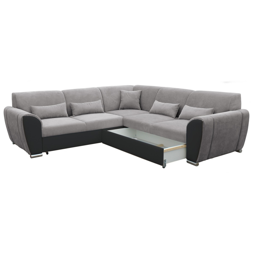 L-formas izvelkamais stūra dīvāns VISEU ar glabāšanas nodalījumu, labais, pelēks/melns