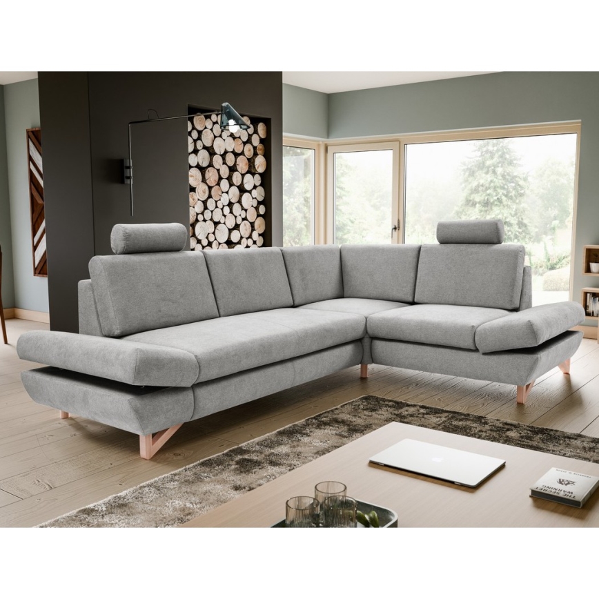 Izvelkams polsterēts L-formas stūra dīvāns AVESTA ar ietilpīgu uzglabāšanas nodalījumu, ar labo stūri, pelēks