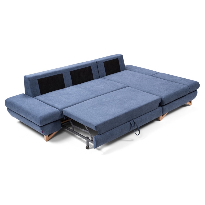 Izvelkamais polsterētais L-veida stūra dīvāns AVESTA, labajā pusē, zils, ar uzglabāšanas nodalījumu