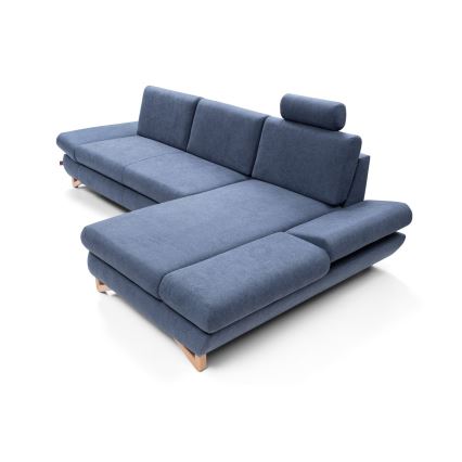 Izvelkamais polsterētais L-veida stūra dīvāns AVESTA, labajā pusē, zils, ar uzglabāšanas nodalījumu