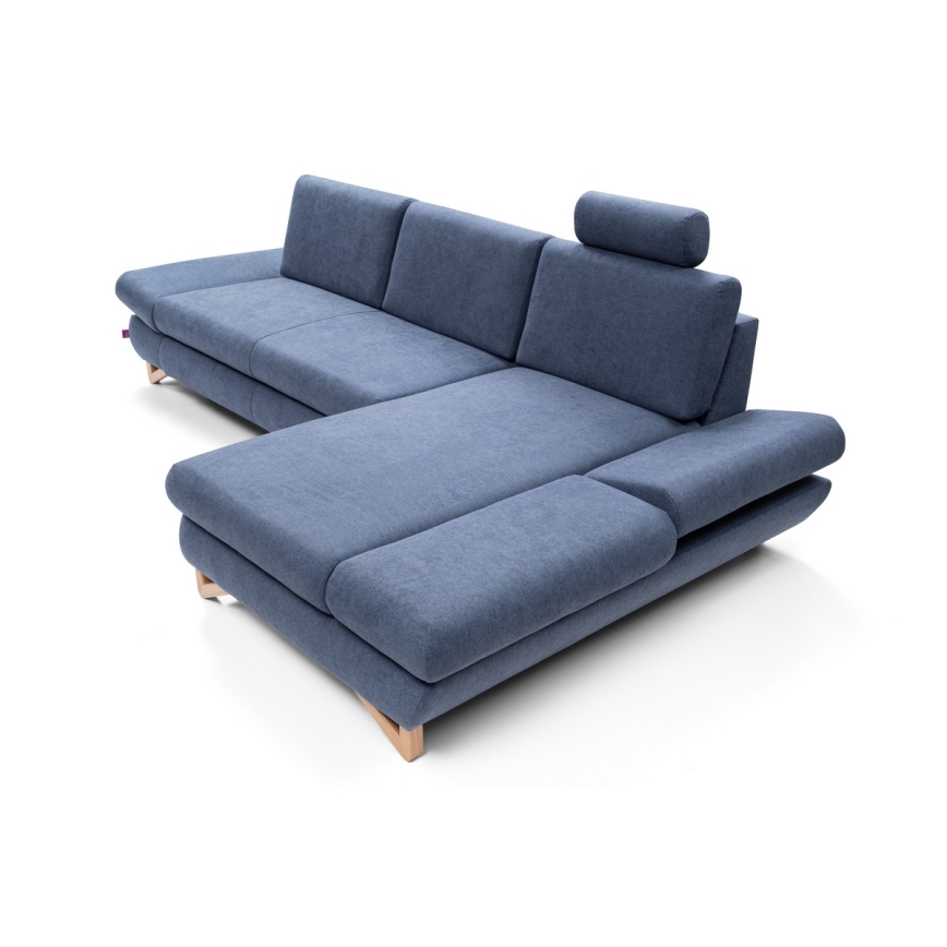 Izvelkamais polsterētais L-veida stūra dīvāns AVESTA, labajā pusē, zils, ar uzglabāšanas nodalījumu