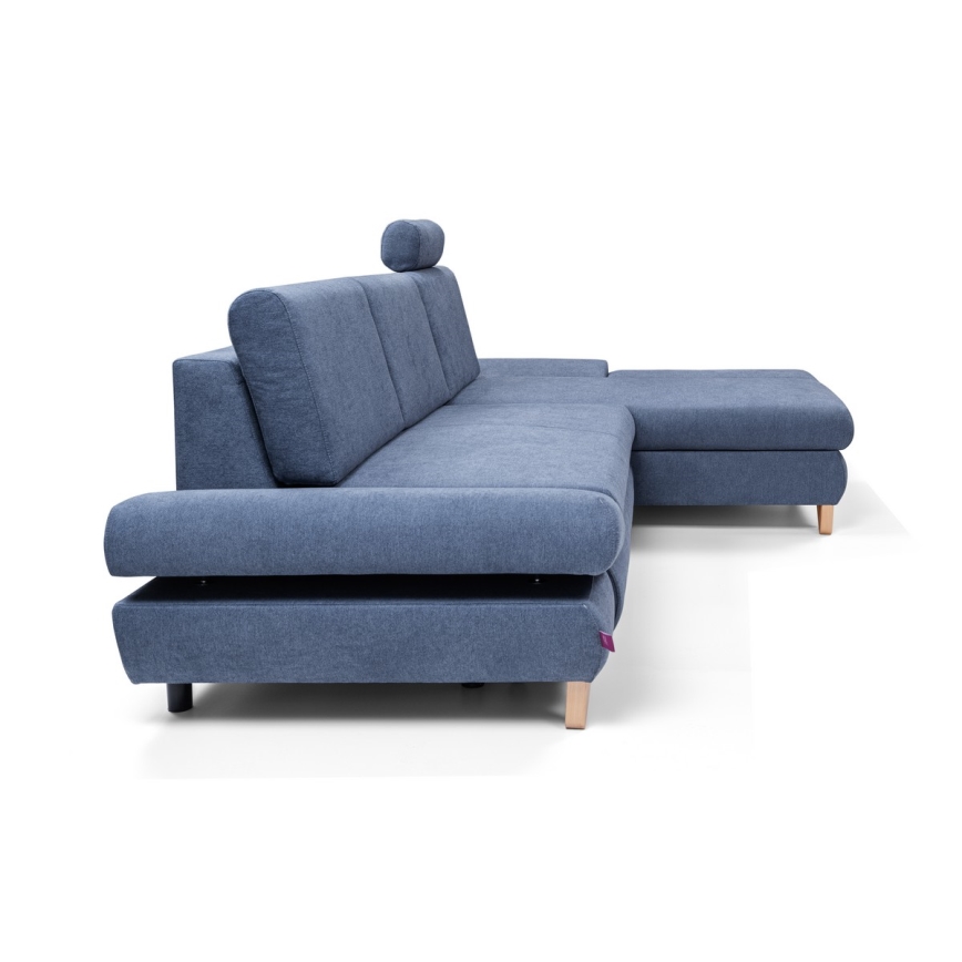 Izvelkamais polsterētais L-veida stūra dīvāns AVESTA, labajā pusē, zils, ar uzglabāšanas nodalījumu