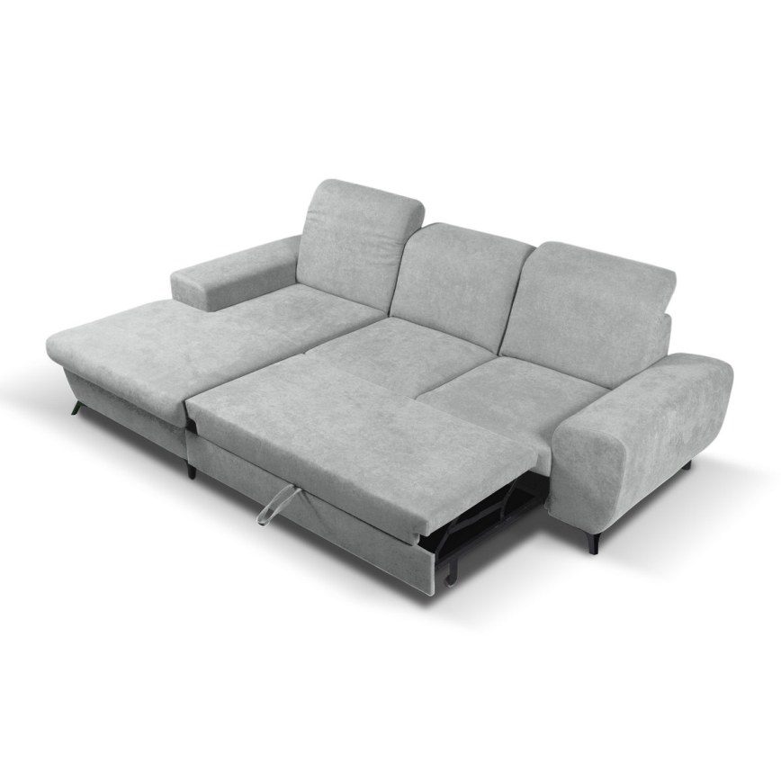 Izvelkams stūra dīvāns ALTA, L formā, ar uzglabāšanas nodalījumu — kreisais, pelēks