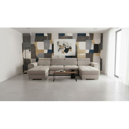 Izvelkams stūra dīvāns ar universālu U veida stūri un ietilpīgu uzglabāšanas nodalījumu SALVADA, bēšs