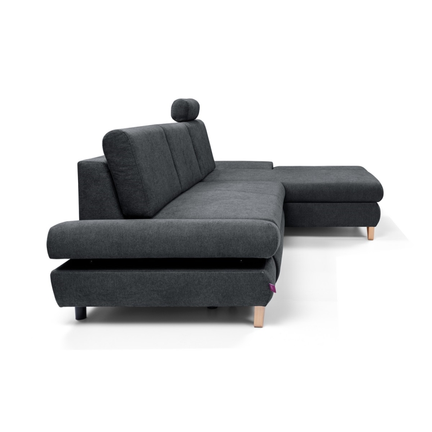 Izvelkams polsterēts L formas stūra dīvāns AVESTA ar uzglabāšanas nodalījumu, ar labo stūri, antracīts