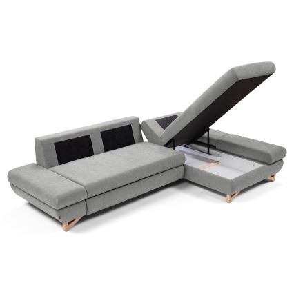 L-formas izvelkams polsterēts stūra dīvāns AVESTA ar uzglabāšanas nodalījumu, labais, pelēks