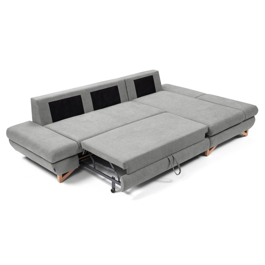 L-formas izvelkams polsterēts stūra dīvāns AVESTA ar uzglabāšanas nodalījumu, labais, pelēks