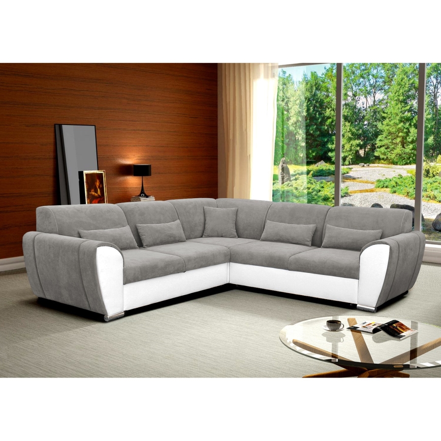 Izvelkams VISEU L formas stūra dīvāns ar uzglabāšanas nodalījumu, labais — pelēks/balts