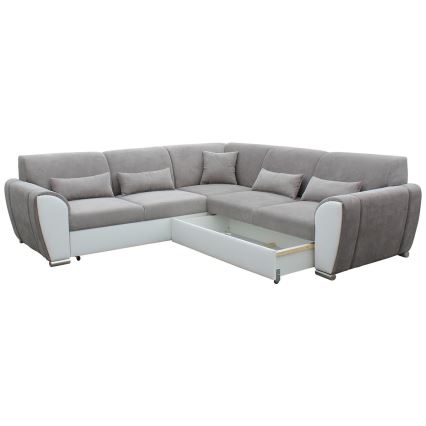 Izvelkams VISEU L formas stūra dīvāns ar uzglabāšanas nodalījumu, labais — pelēks/balts