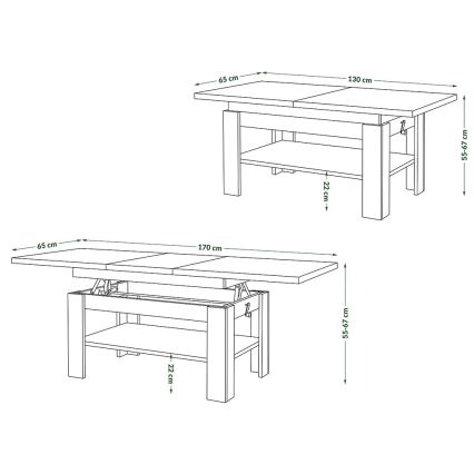 Izvelkams žurnālgalds ar paceļamu virsmu ROY 130/170x65 cm balts