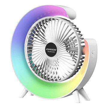 JOHNSON - LED RGB uzlādējamais galda ventilators MULTICOLOR LED/5W/3,7V 1200 mAh Ø 14 cm balts