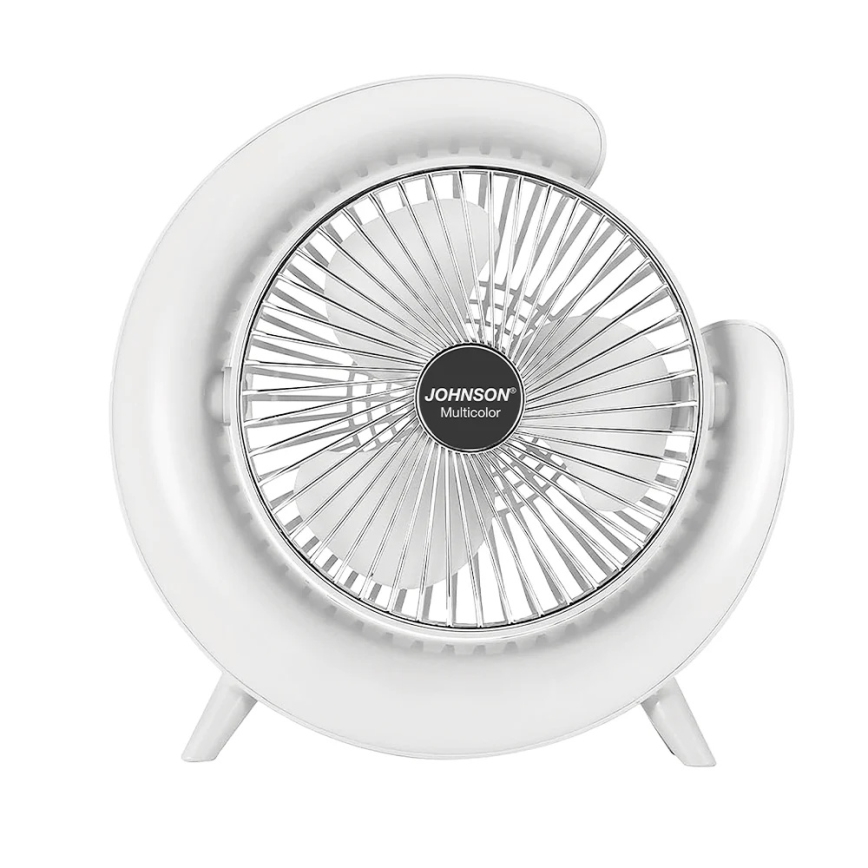 JOHNSON - LED RGB uzlādējamais galda ventilators MULTICOLOR LED/5W/3,7V 1200 mAh Ø 14 cm balts