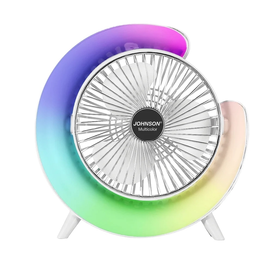 JOHNSON - LED RGB uzlādējamais galda ventilators MULTICOLOR LED/5W/3,7V 1200 mAh Ø 14 cm balts