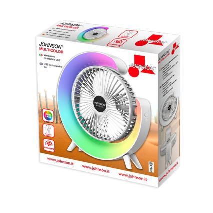 JOHNSON - LED RGB uzlādējamais galda ventilators MULTICOLOR LED/5W/3,7V 1200 mAh Ø 14 cm balts